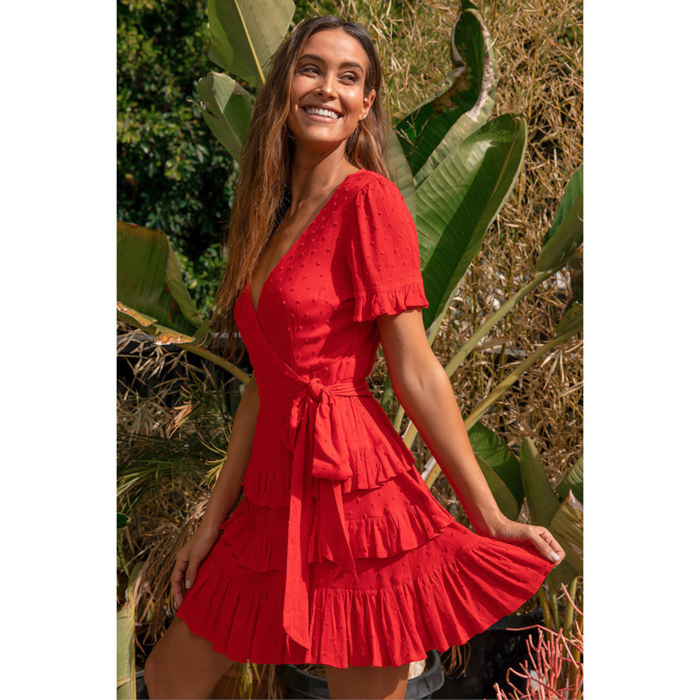 Lulus Call Me Cute Red Swiss Dot Tiered Faux Wrap Mini Dress - Size M